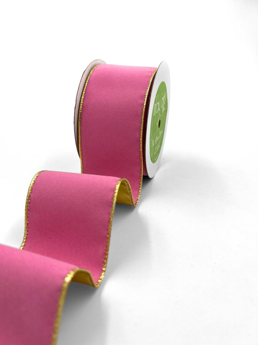 2.5" Bubblegum Pink Velvet Reversible Gold Wired Ribbon - themonogram manor 