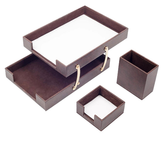MOOG Leather Desk Set - 3 Accessories - Double Document Tray - Brown - 3 PCS - themonogram manor 