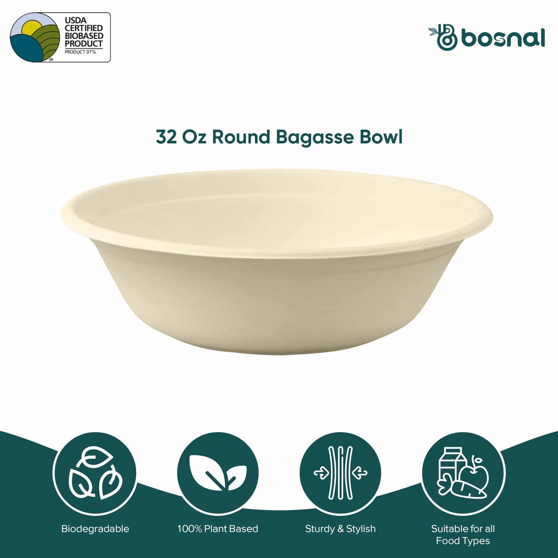 Bosnal - Sugarcane Bagasse Compostable Bowls, 32 Oz, Round - themonogram manor 
