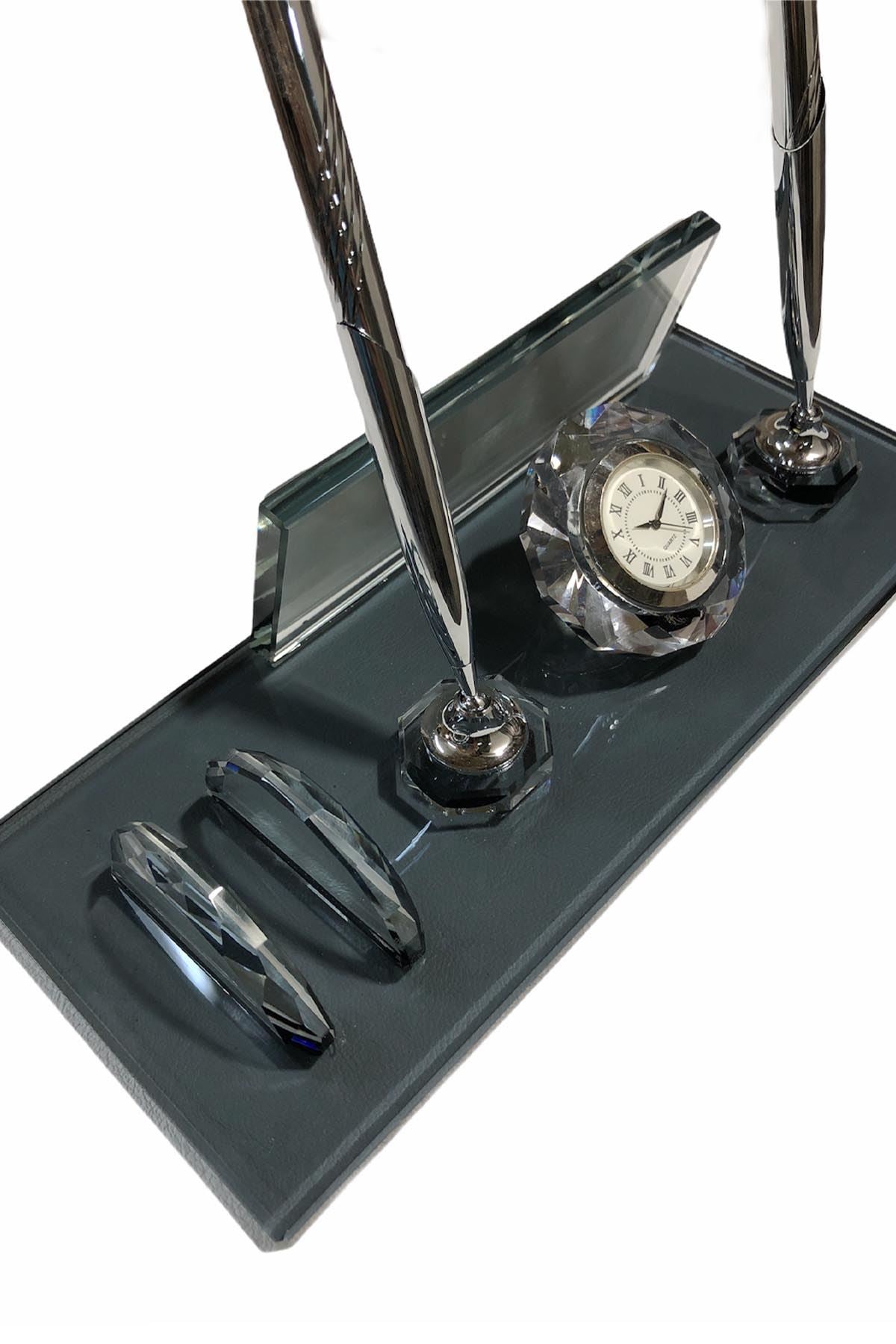 MOOG Black Glass Desk Name Plate With Clock - themonogram manor 