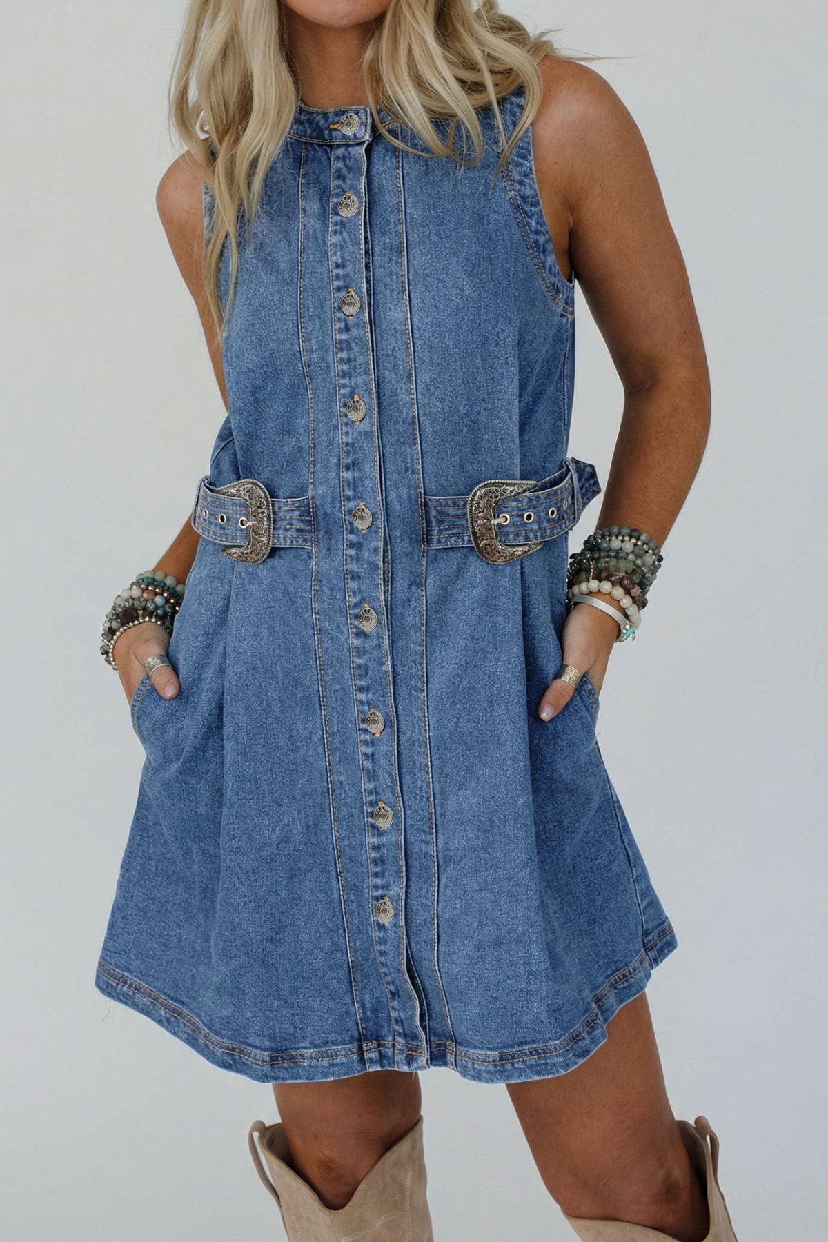 Western Denim Belted Button Down Sleeveless Dress - themonogram manor 