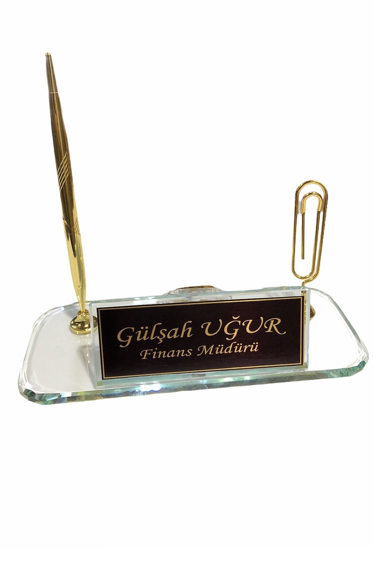 MOOG Black Glass Desk Name Plate With Clock - themonogram manor 