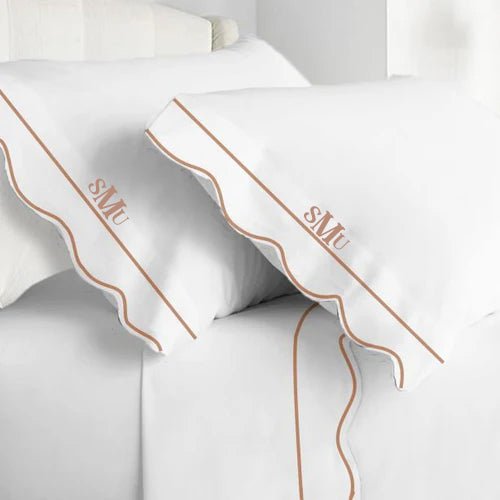 Monogram 400TC Cotton Scallop Embroidery & Border Sateen Solid Sheet Set - themonogram manor 