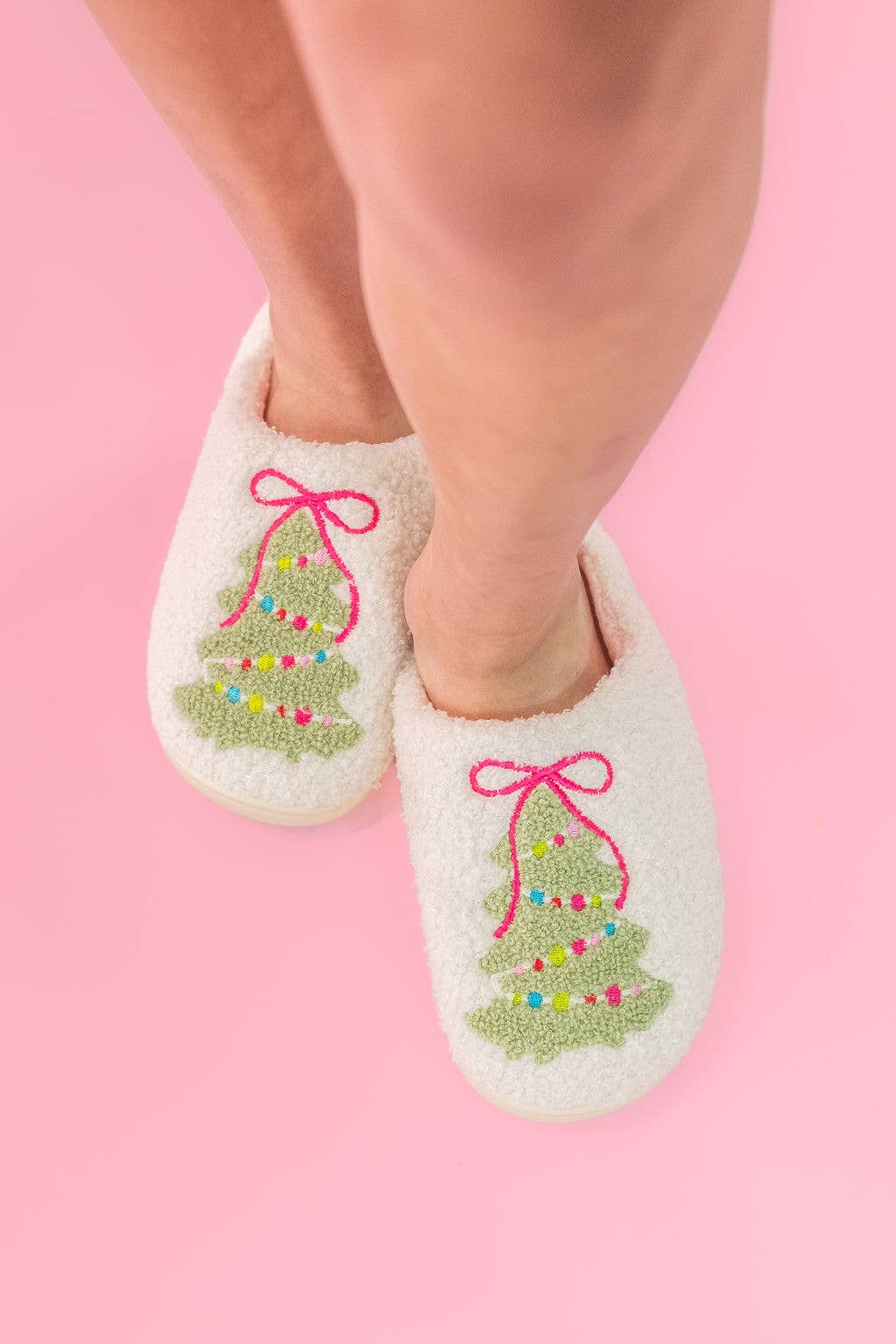 Pink Bow Christmas Tree Slippers - Adult - 4 sizes - themonogram manor 
