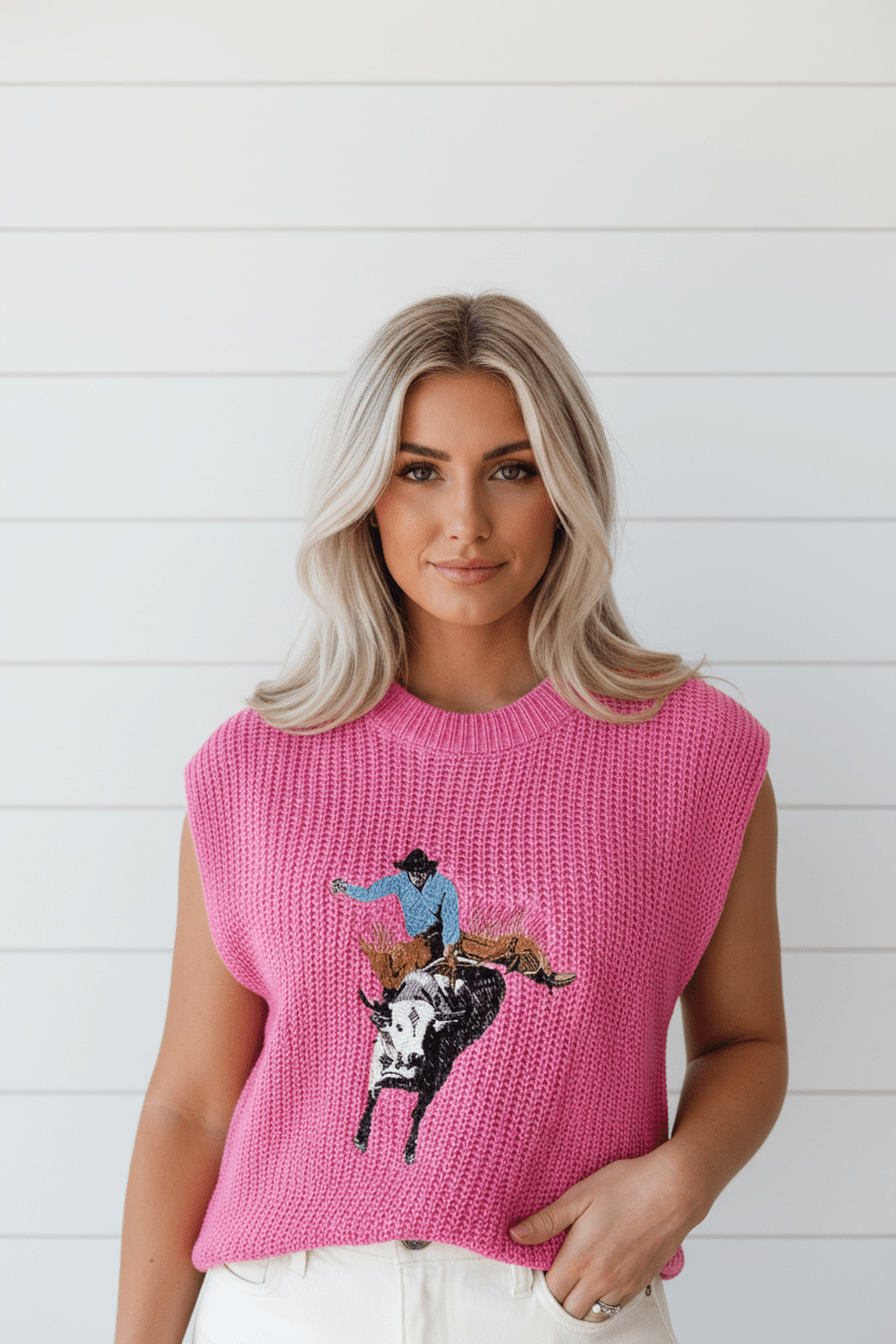 Western Cowboy Embroidered Round Neck Sleeveless Sweater - themonogram manor 