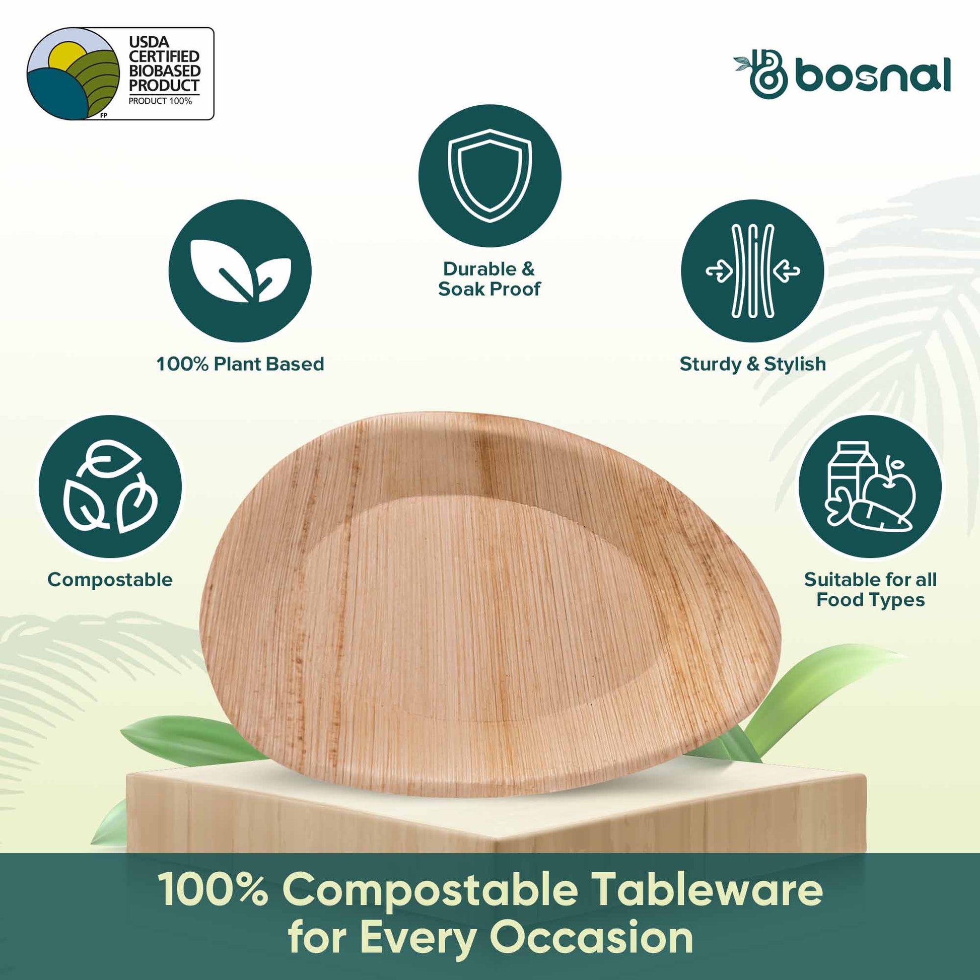 Bosnal - Palm Leaf Biodegradable Plates, 10 inch, Oval - themonogram manor 
