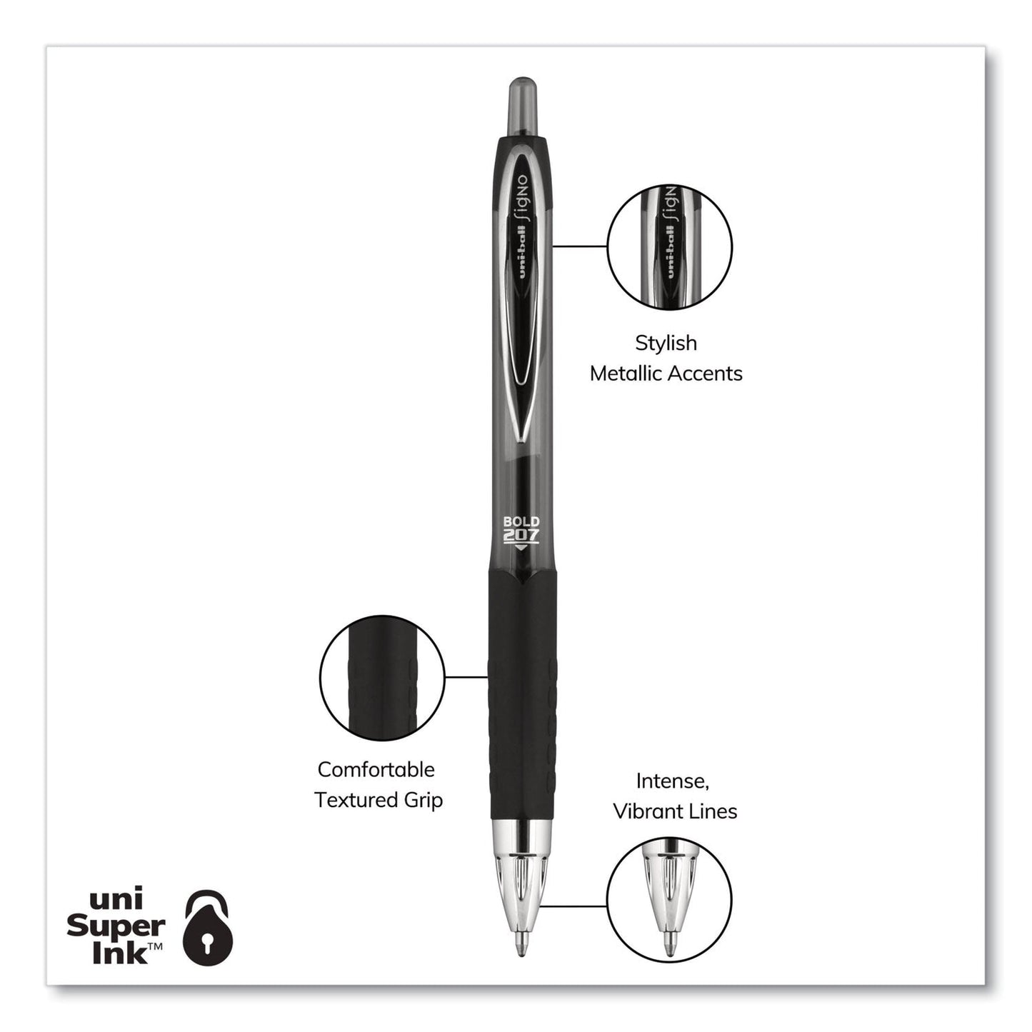 uniball Signo 207 Gel Pen, Retractable, Bold 1 mm, Black Ink, Translucent Black Barrel, Dozen - themonogram manor 