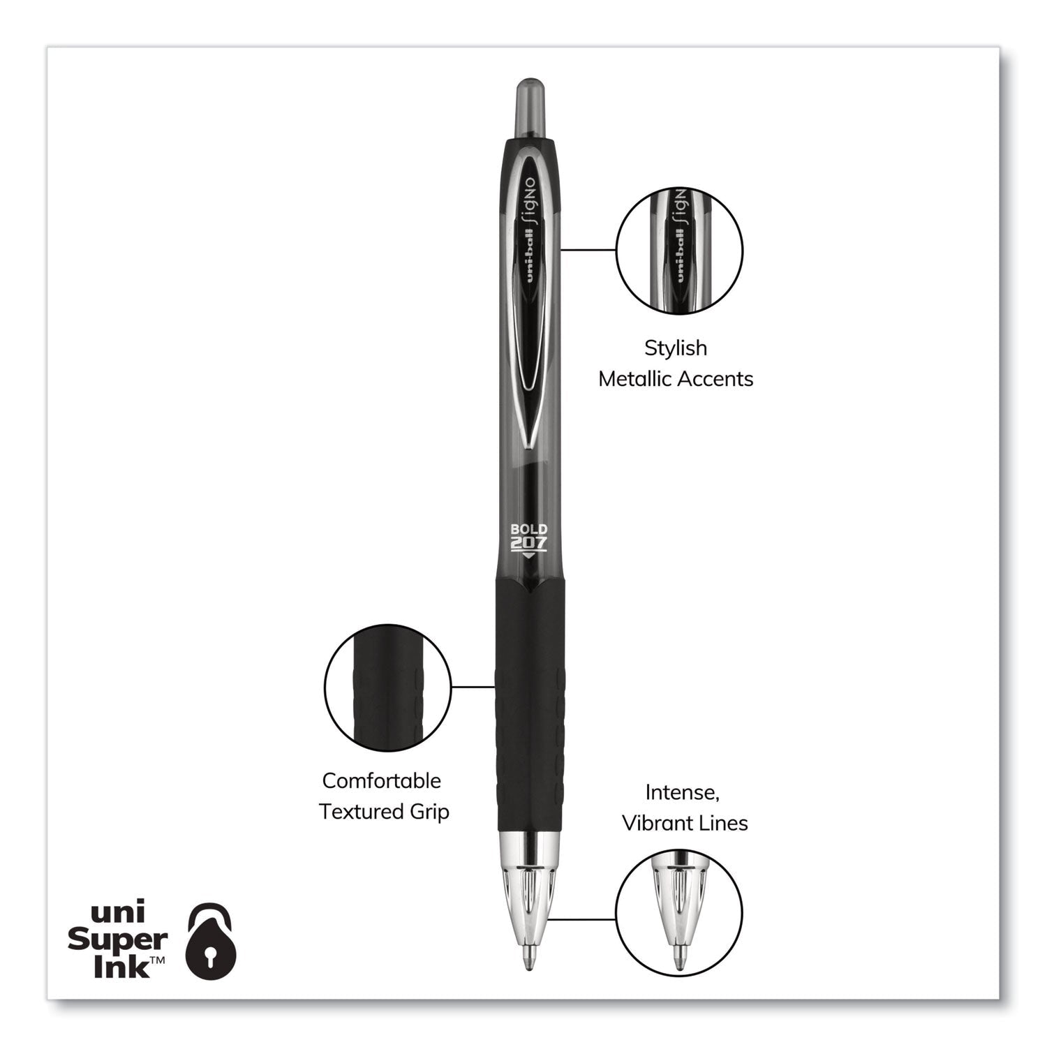 uniball Signo 207 Gel Pen, Retractable, Bold 1 mm, Black Ink, Translucent Black Barrel, Dozen - themonogram manor 