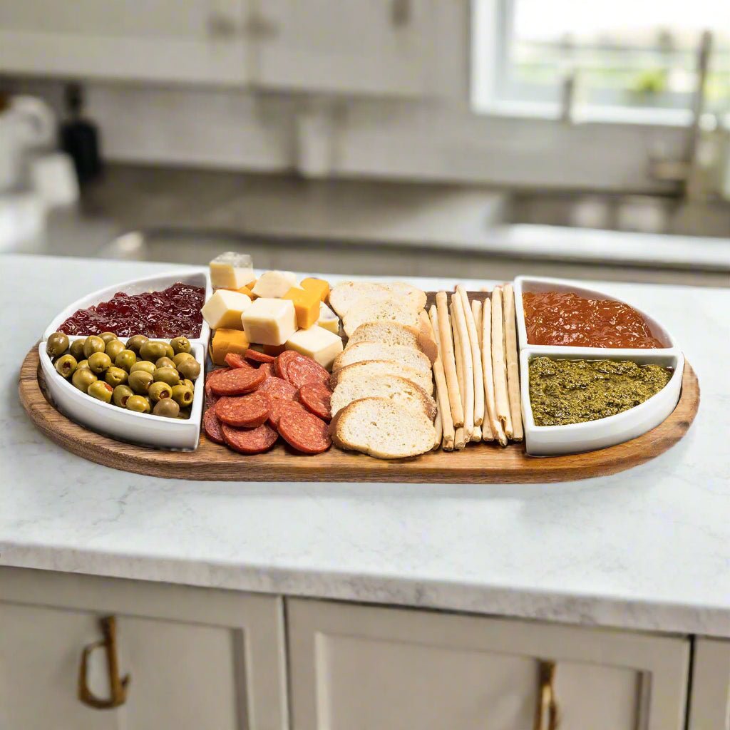 Charcuterie / Serving Tray w/ 4 Triangular Ceramic Bowls - themonogram manor 