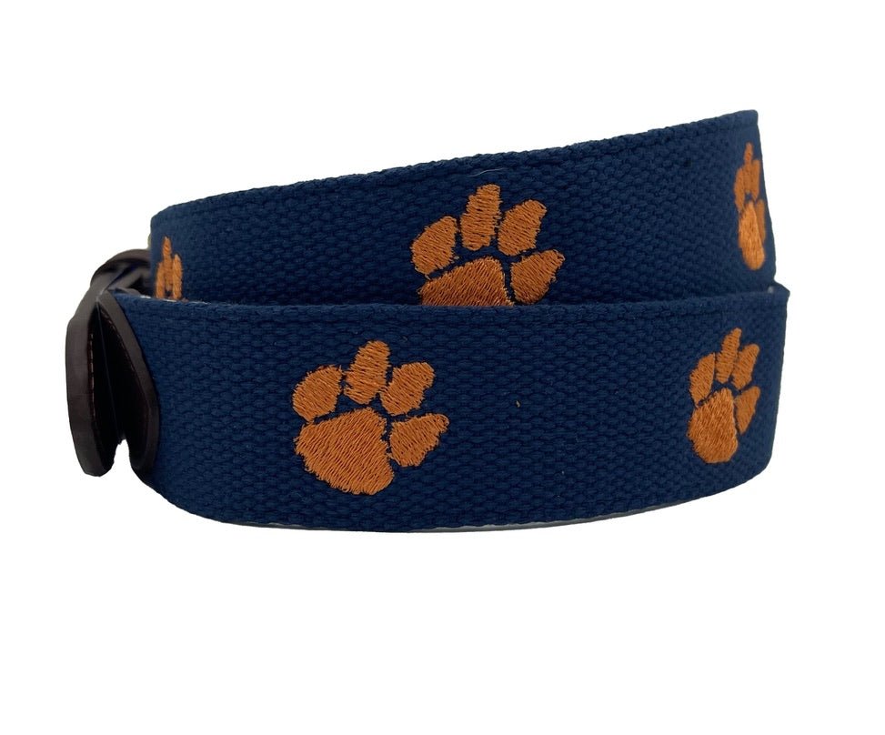 Clemson University Tigers - Officially Licensed - Orange Paw Embroidery on Navy Blue Canvas Web Belt - themonogram manor 