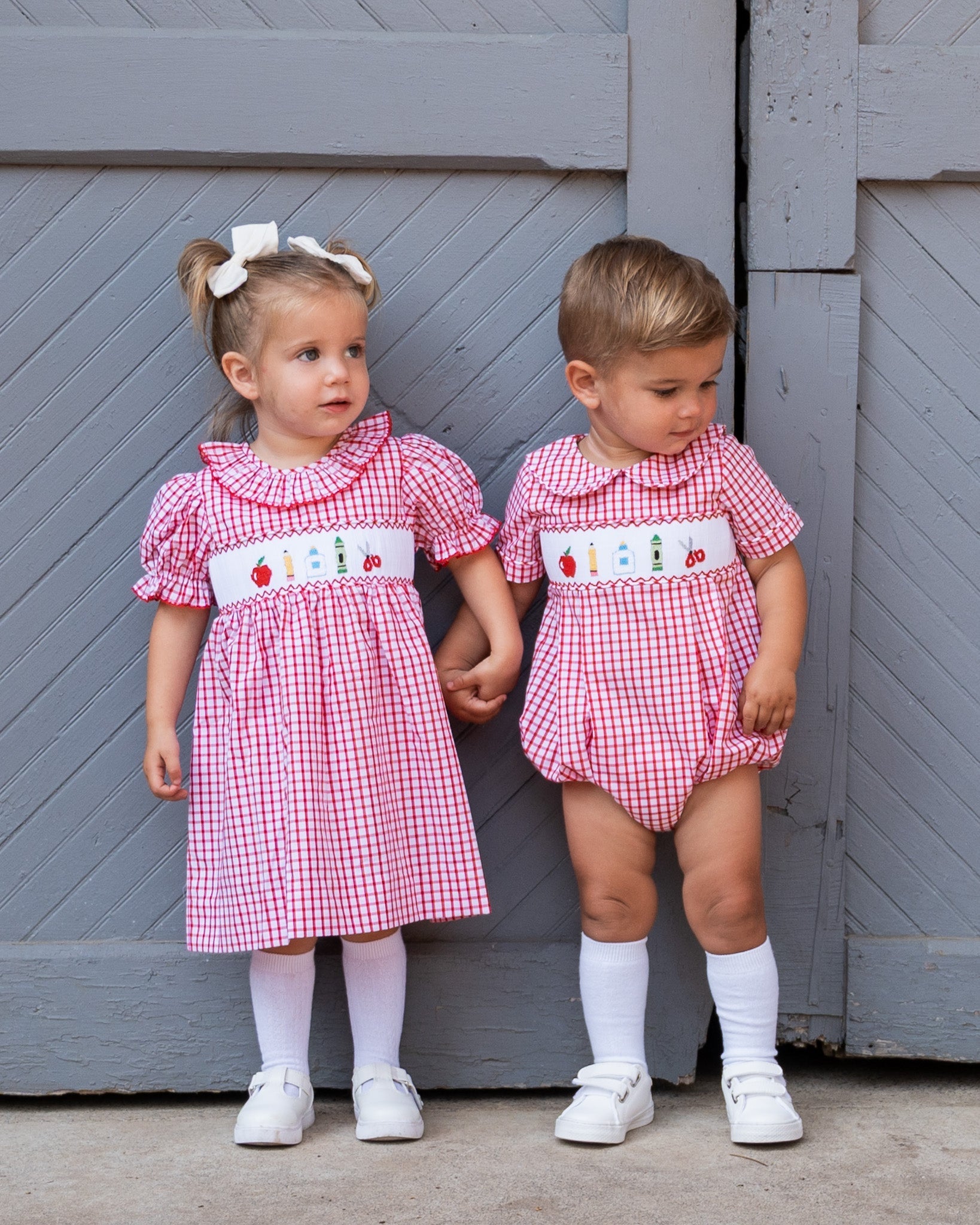 School Supplies Smocked Red Windowpane Boy Bubble - FINAL SALE - themonogram manor 
