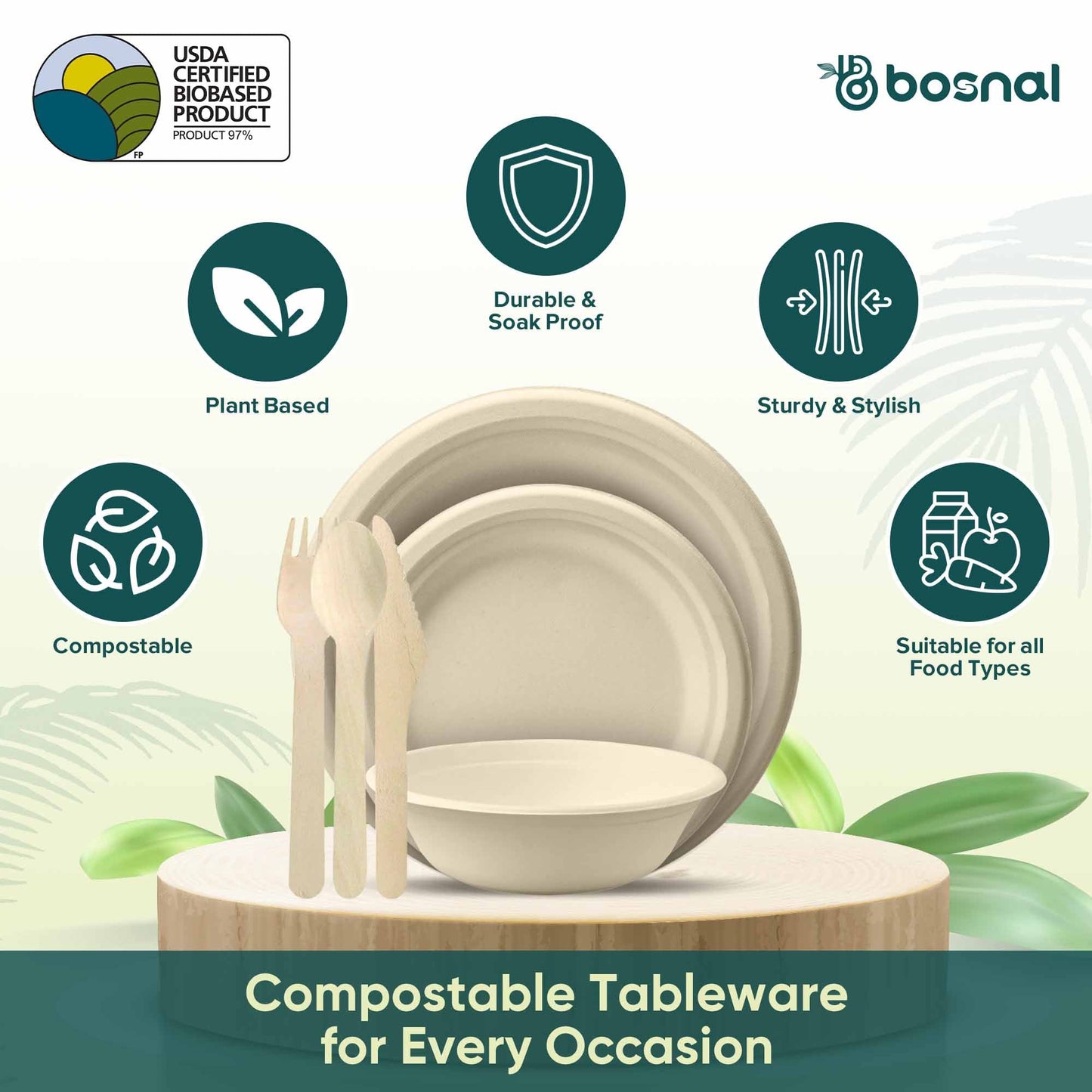 Bosnal – Sugarcane Bagasse Compostable 10 inch & 7 inch Round Plates with 16 Oz Bowls and Cutlery - themonogram manor 