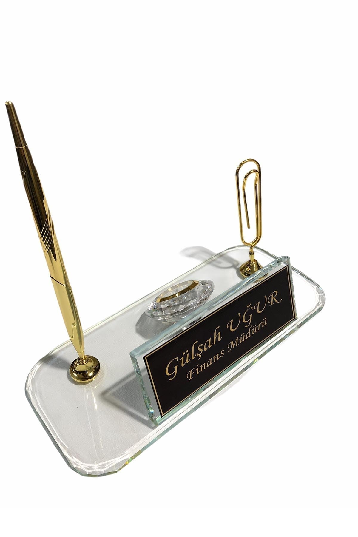 MOOG Glass Desk Name Plate With Golden Pen - themonogram manor 