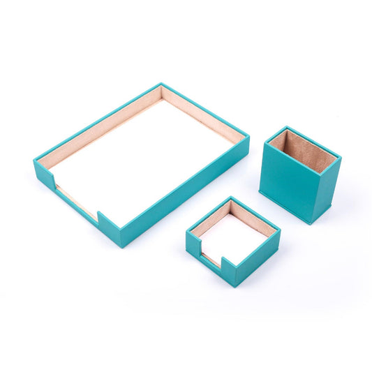 MOOG Leather Desk Set - 3 Accessories - Single Document Tray - Turquoise - 3 PCS - themonogram manor 