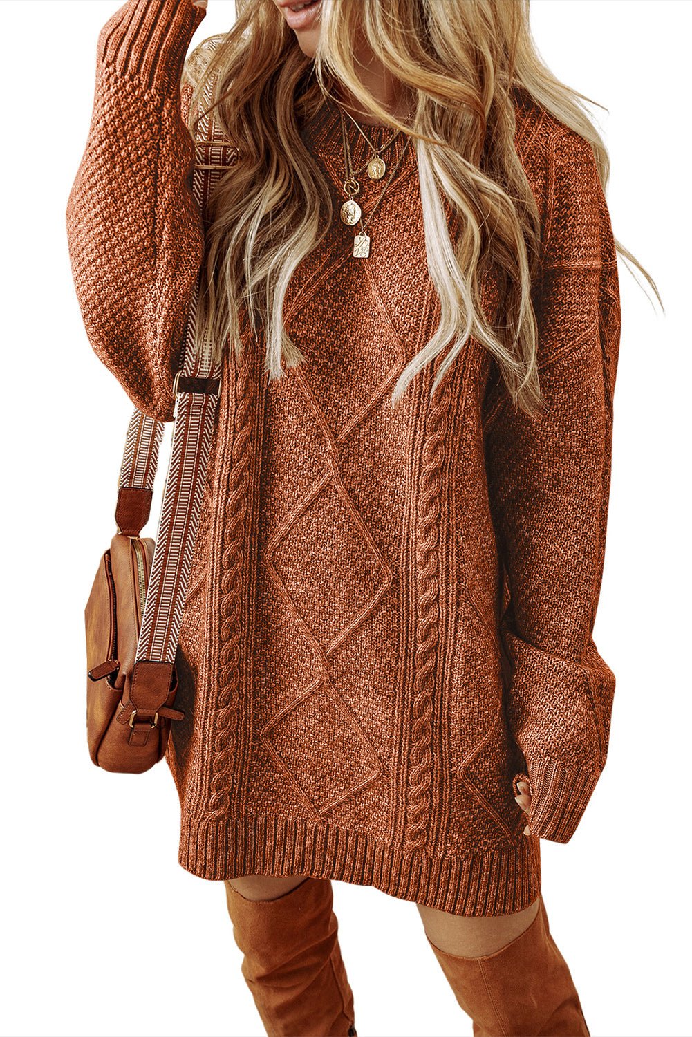 Cable Knit Sweater Dress in Coffee - themonogram manor 