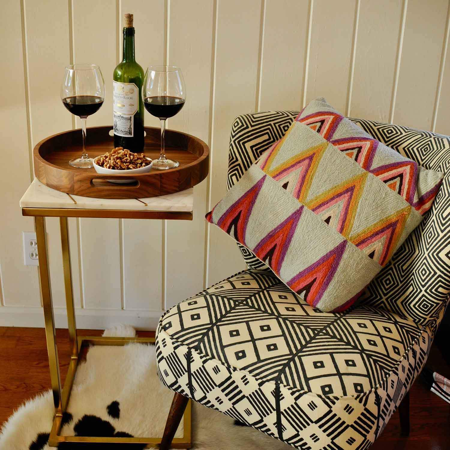 16.5 Inch Round Walnut Wood Serving and Coffee Table Tray with Handles - themonogram manor 