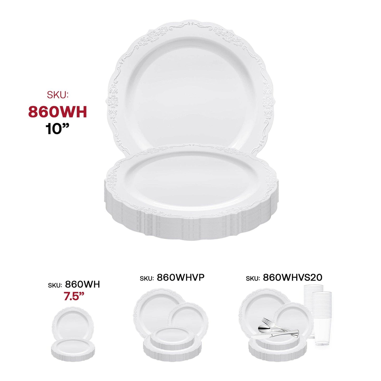10" White Vintage Round Plastic Dinner Plates - 10 pcs - themonogram manor 