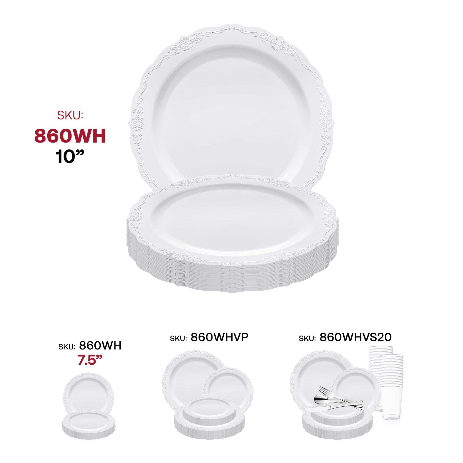 10" White Vintage Round Plastic Dinner Plates - 10 pcs - themonogram manor 
