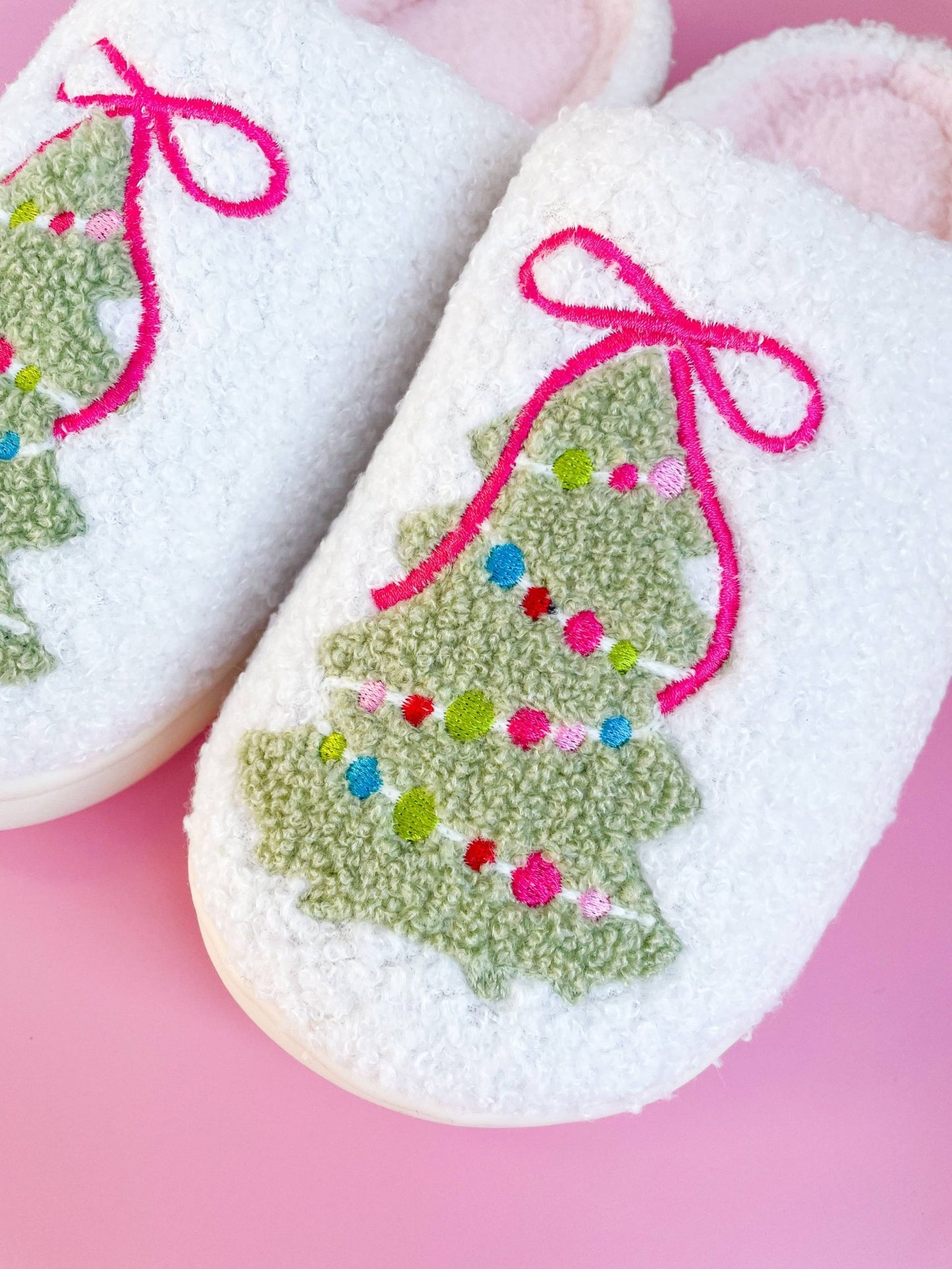 Pink Bow Christmas Tree Slippers - Adult - 4 sizes - themonogram manor 