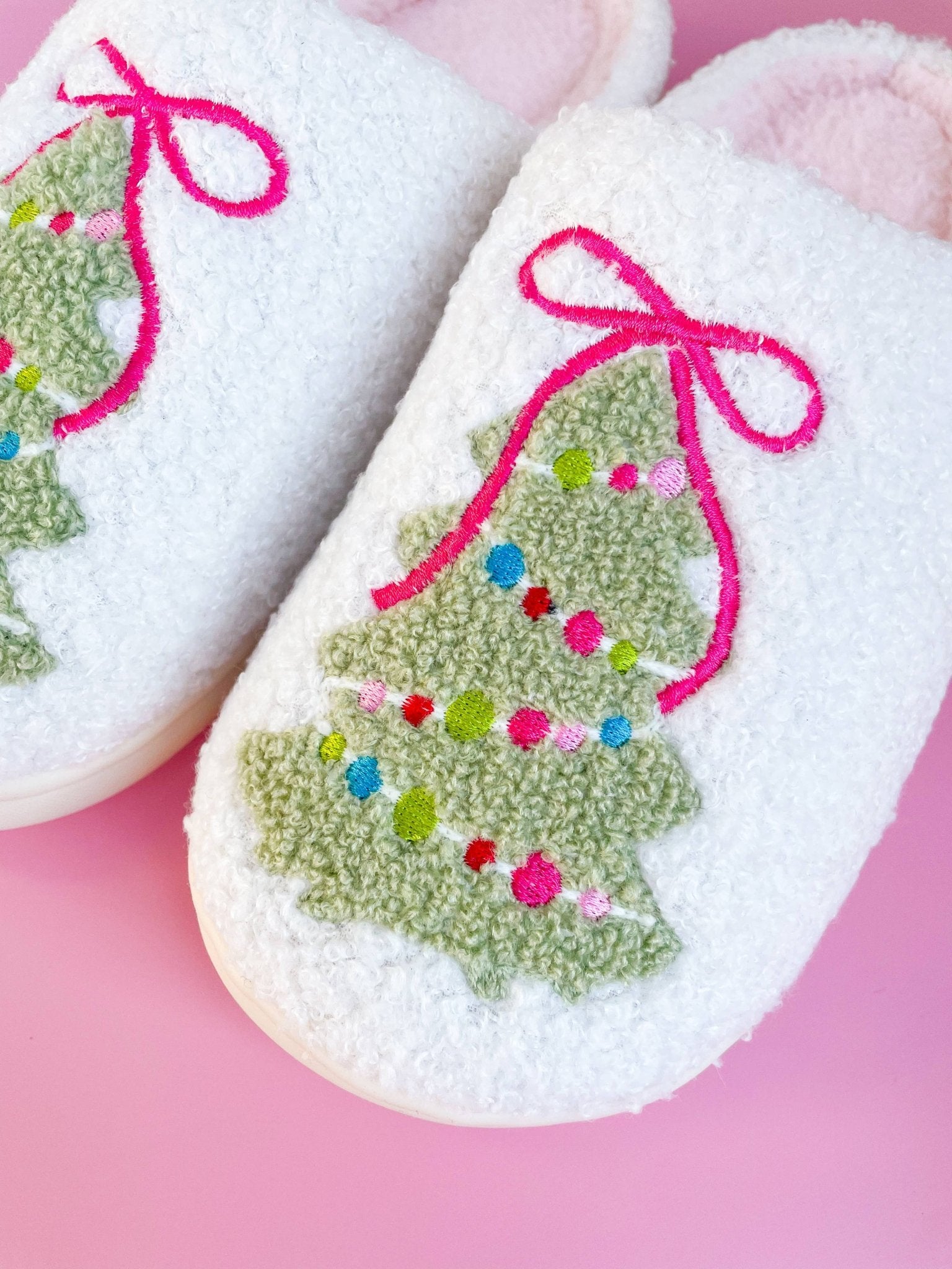 Pink Bow Christmas Tree Slippers - Adult - 4 sizes - themonogram manor 