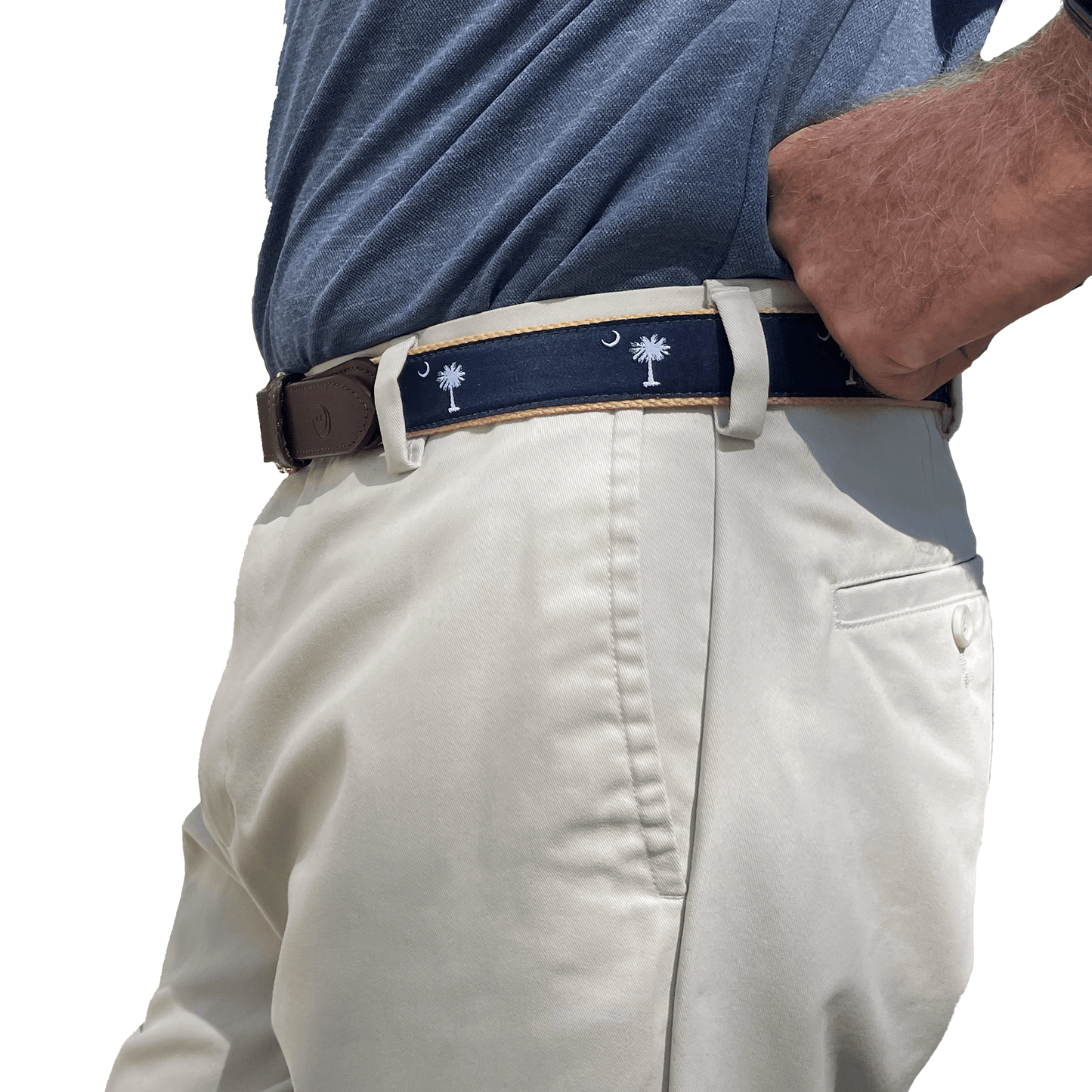 Navy on Khaki - South Carolina Crescent Moon Palmetto State Flag Belt - themonogram manor 