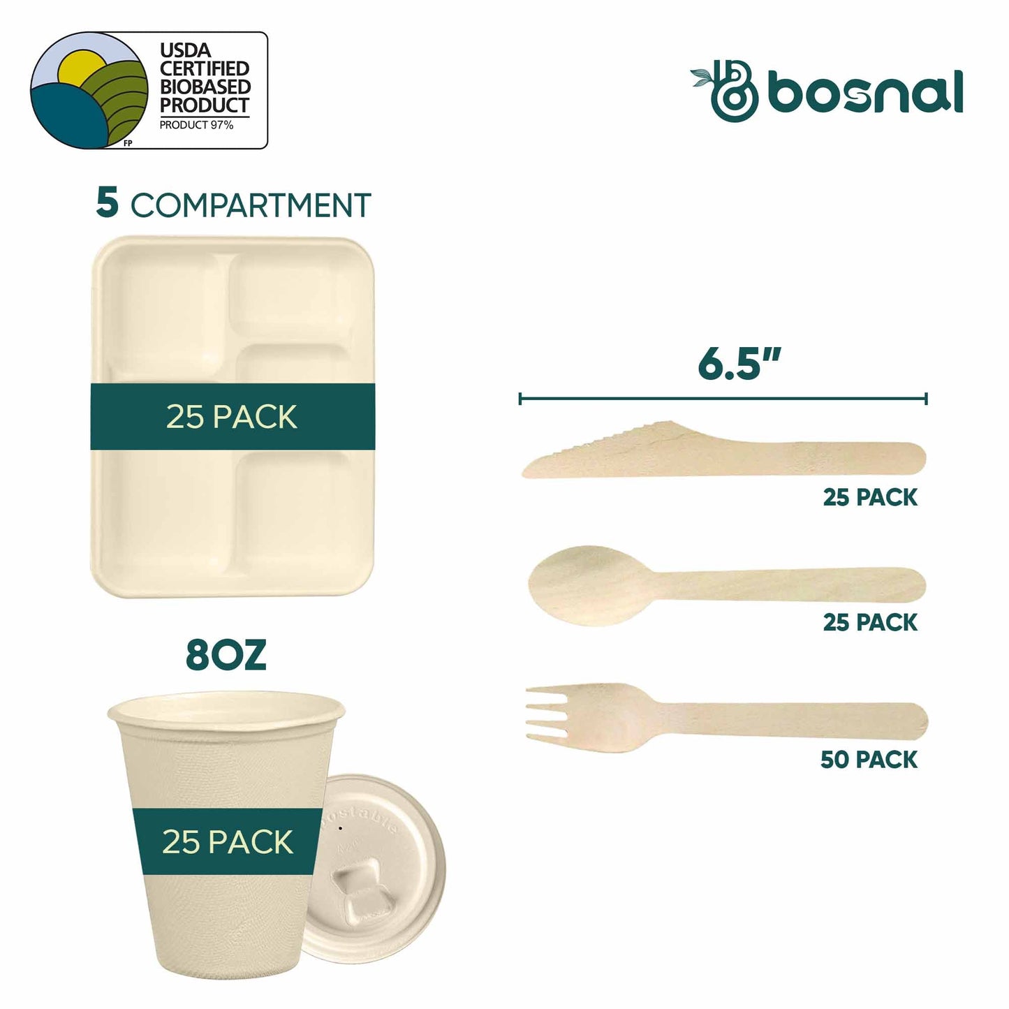 Bosnal – Sugarcane Bagasse Compostable 5 - Compartment Trays & 8 Oz Cups with Lids & Cutlery - themonogram manor 