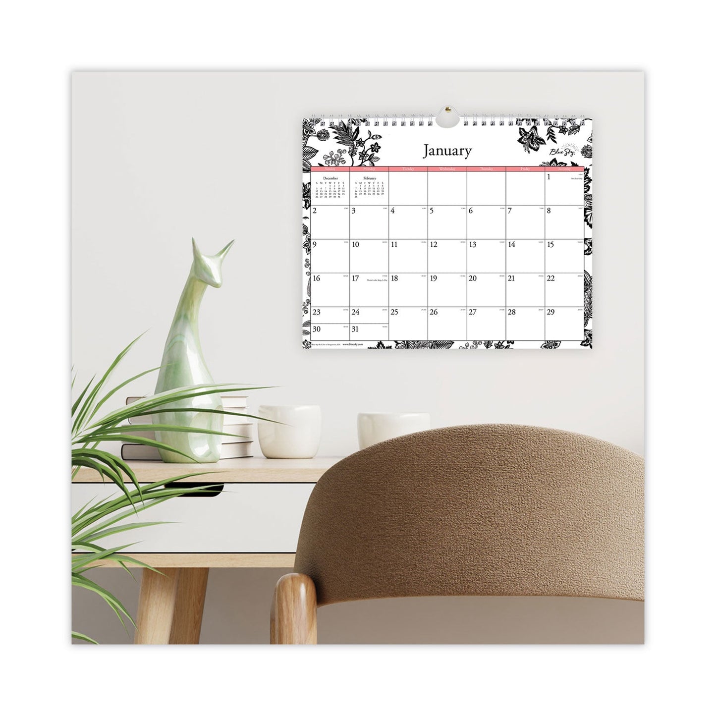 Blue Sky Analeis Wall Calendar, Analeis Floral Artwork, 11 x 8.75, White/Black/Coral Sheets, 12 - Month (Jan to Dec): 2023 - themonogram manor 