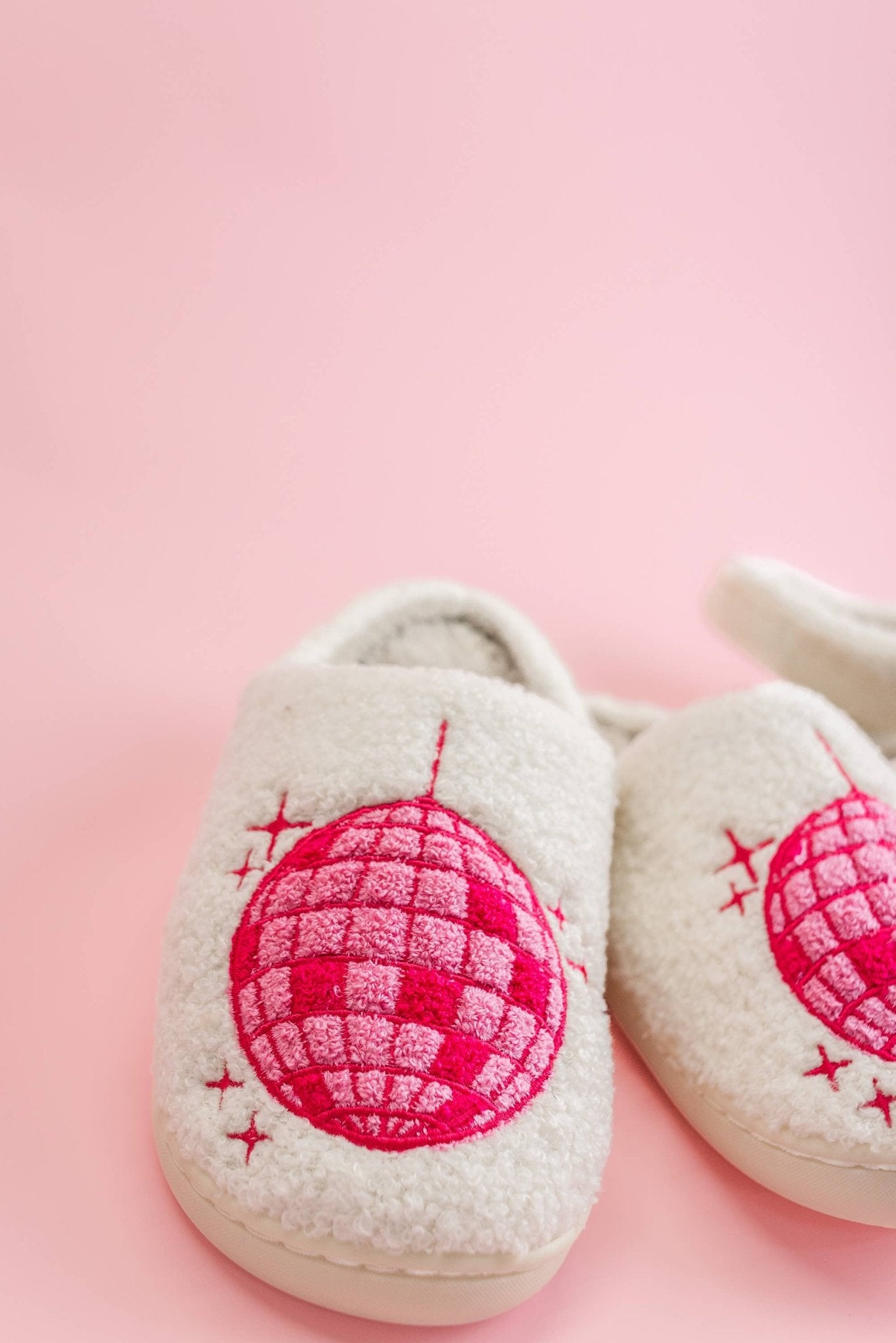 Fuzzy Plush Slippers with Pink Disco Ball - themonogram manor 