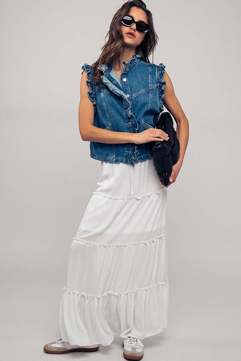 Victorian Muse Ruffle - Trim Denim Vest – High Collar Statement Layer - themonogram manor 