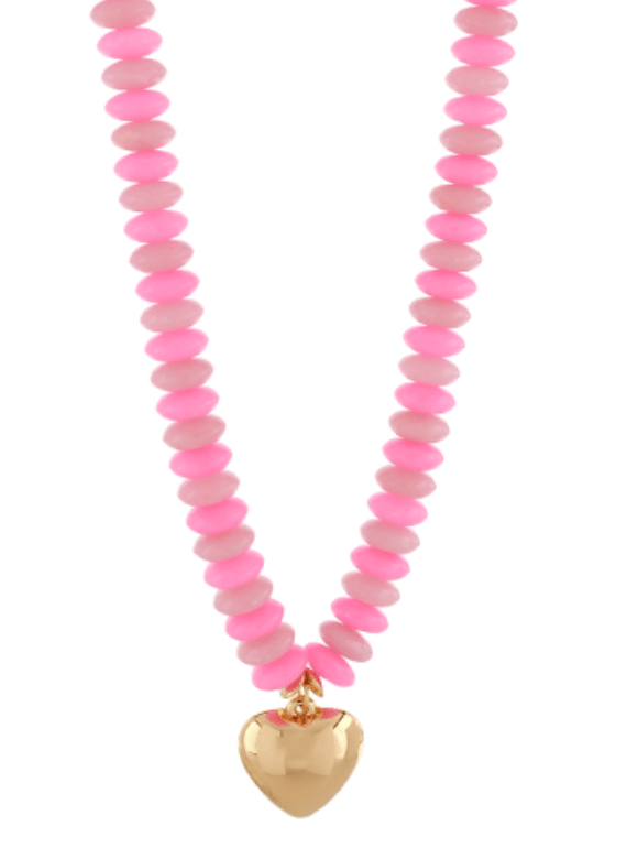 Color Wide Beaded Puffy Heart Necklace - Pink - themonogram manor 