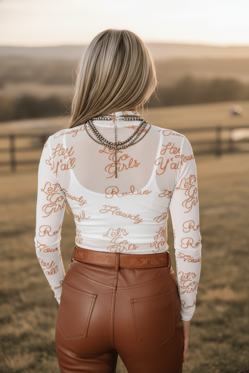 Western Mesh High Neck Long Sleeve Top - themonogram manor 