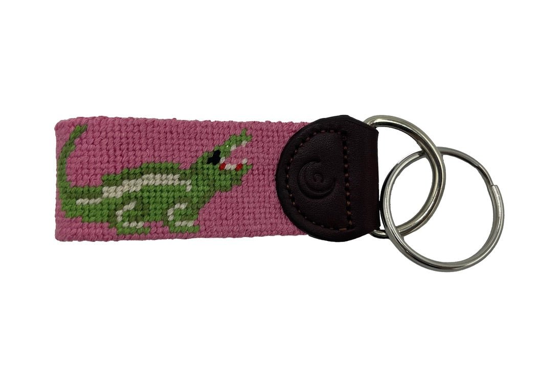 Key Fob - Pink Alligator Hand - stitched Needlepoint - themonogram manor 