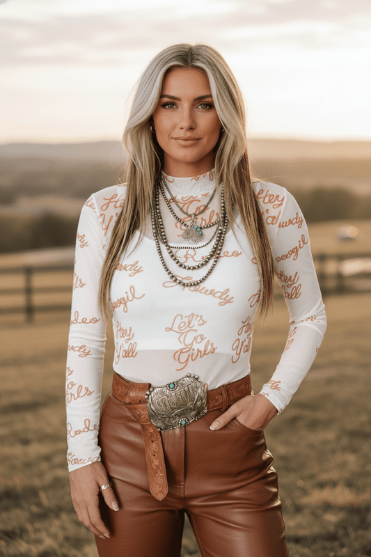 Western Mesh High Neck Long Sleeve Top - themonogram manor 