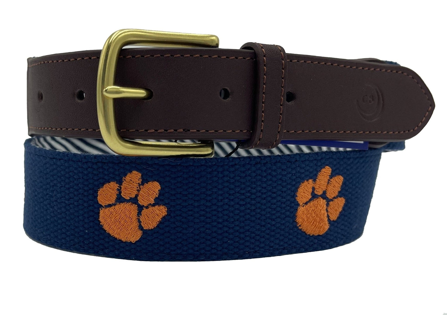 Clemson University Tigers - Officially Licensed - Orange Paw Embroidery on Navy Blue Canvas Web Belt - themonogram manor 