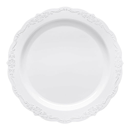 10" White Vintage Round Plastic Dinner Plates - 10 pcs - themonogram manor 