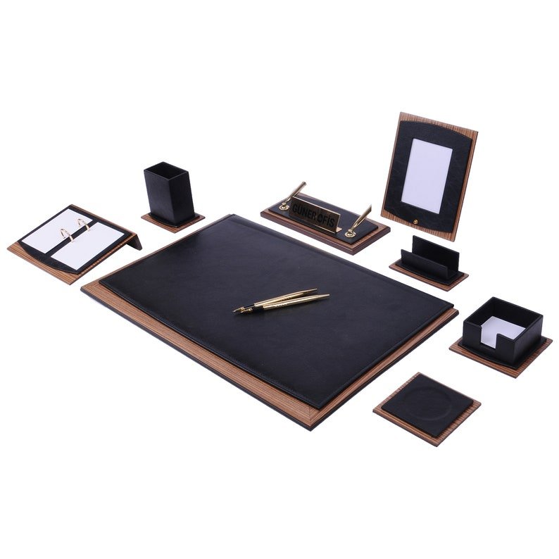MOOG Star Leather Desk Set - Walnut Wood Combination - White - 10 PCS - themonogram manor 
