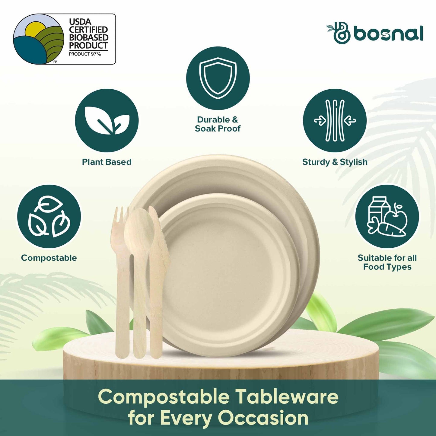 Bosnal - Sugarcane Bagasse Compostable 10 inch & 7 inch Round Plates with Cutlery - themonogram manor 