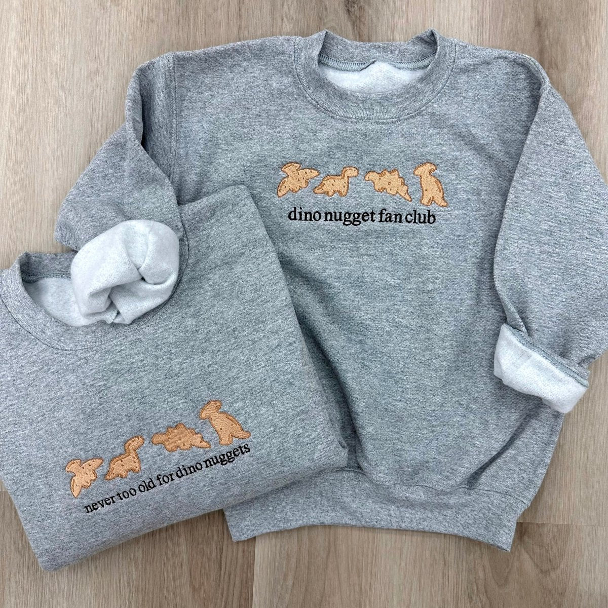 'Never Too Old For Dino Nuggets' Embroidered Crewneck Sweatshirt - themonogram manor 