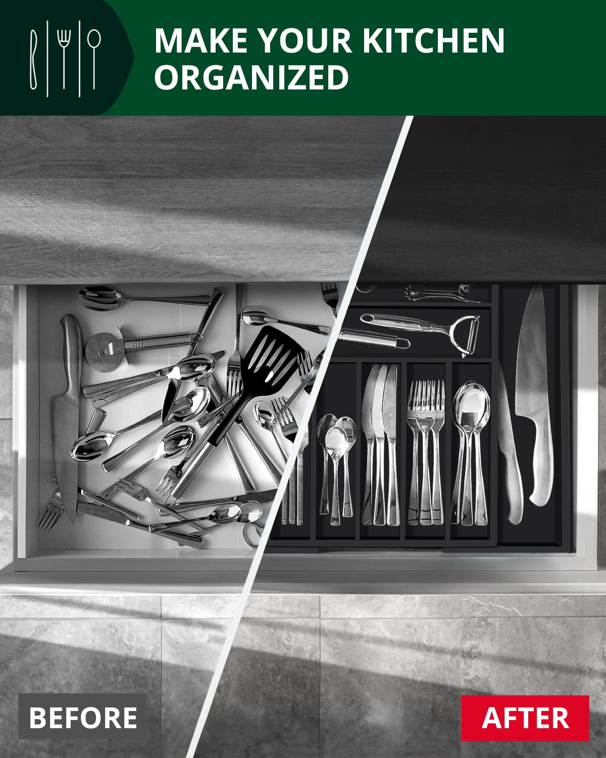 Silverware Drawer Organizer, Black (9 Slots) - themonogram manor 