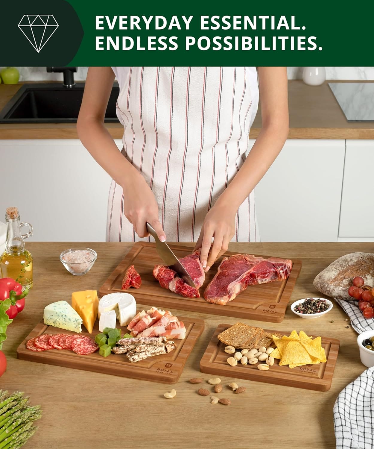 Cutting Board Set of 3, Bamboo, Brown - themonogram manor 