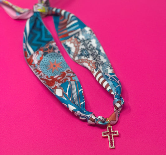 Scarf Charm Necklace - Blue, Purple and Mauve Print with Dark Pink Rhinestone Cross - themonogram manor 