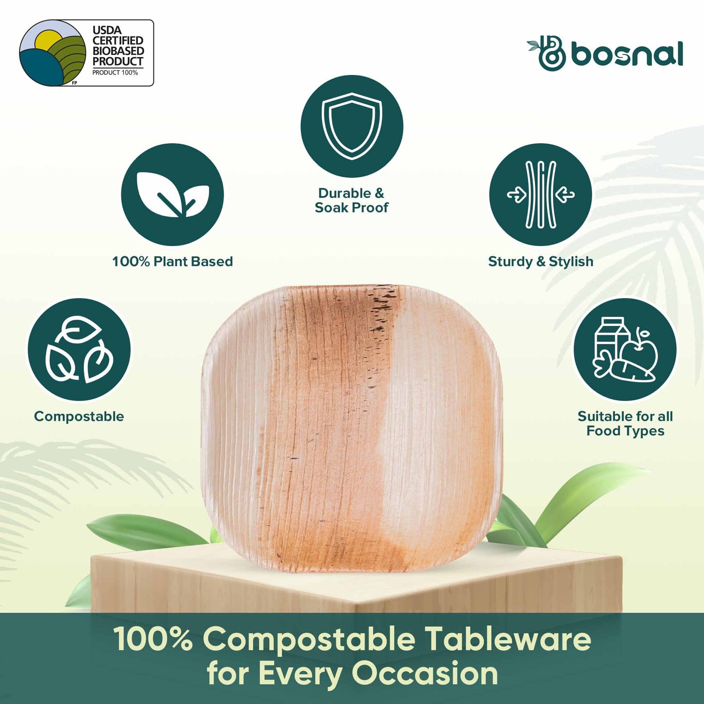 Bosnal - Palm Leaf Biodegradable Plates, 4 inch, Square - themonogram manor 