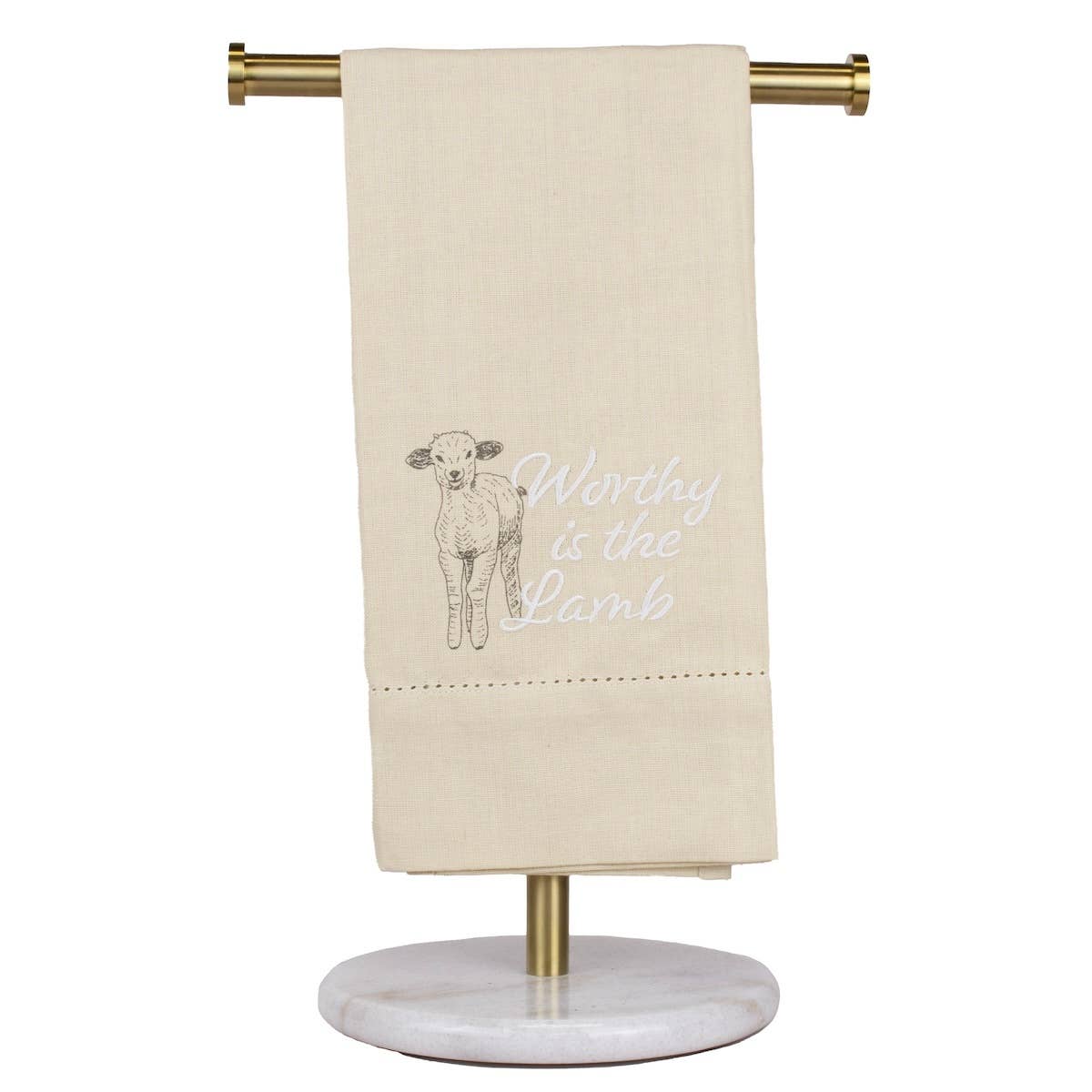 Worthy Is The Lamb Hemstitch Hand Towel Oat/Gray/White 20x28 - themonogram manor 