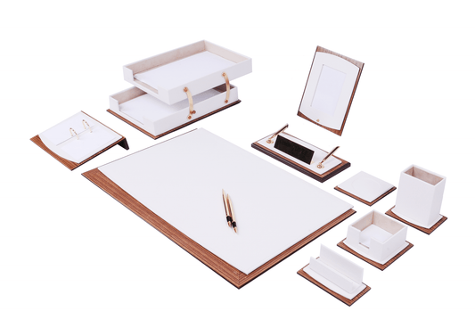 MOOG Star Leather Desk Set - Walnut Wood Combination - Double Document Tray - White - 11 PCS - themonogram manor 