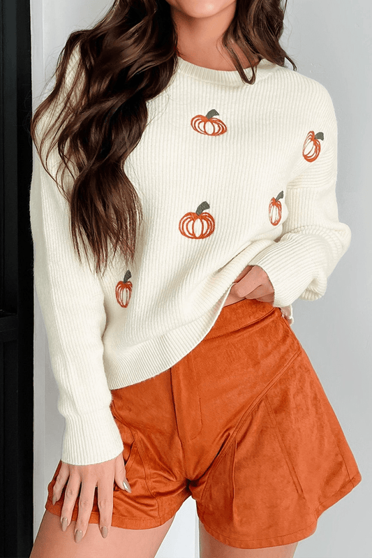 Halloween Pumpkin Embroidered Ribbed Thanksgiving Holiday Sweater - themonogram manor 