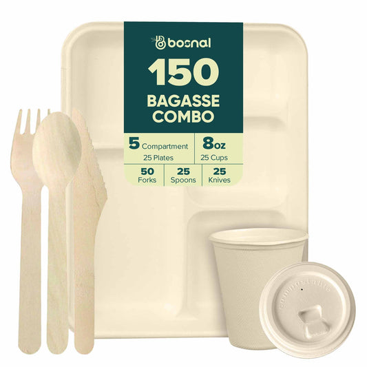 Bosnal – Sugarcane Bagasse Compostable 5 - Compartment Trays & 8 Oz Cups with Lids & Cutlery - themonogram manor 