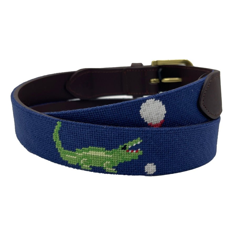 Charleston Belt Golf Green Gator Croc Leather Hand - stitched Needlepoint Belt Navy Blue - themonogram manor 
