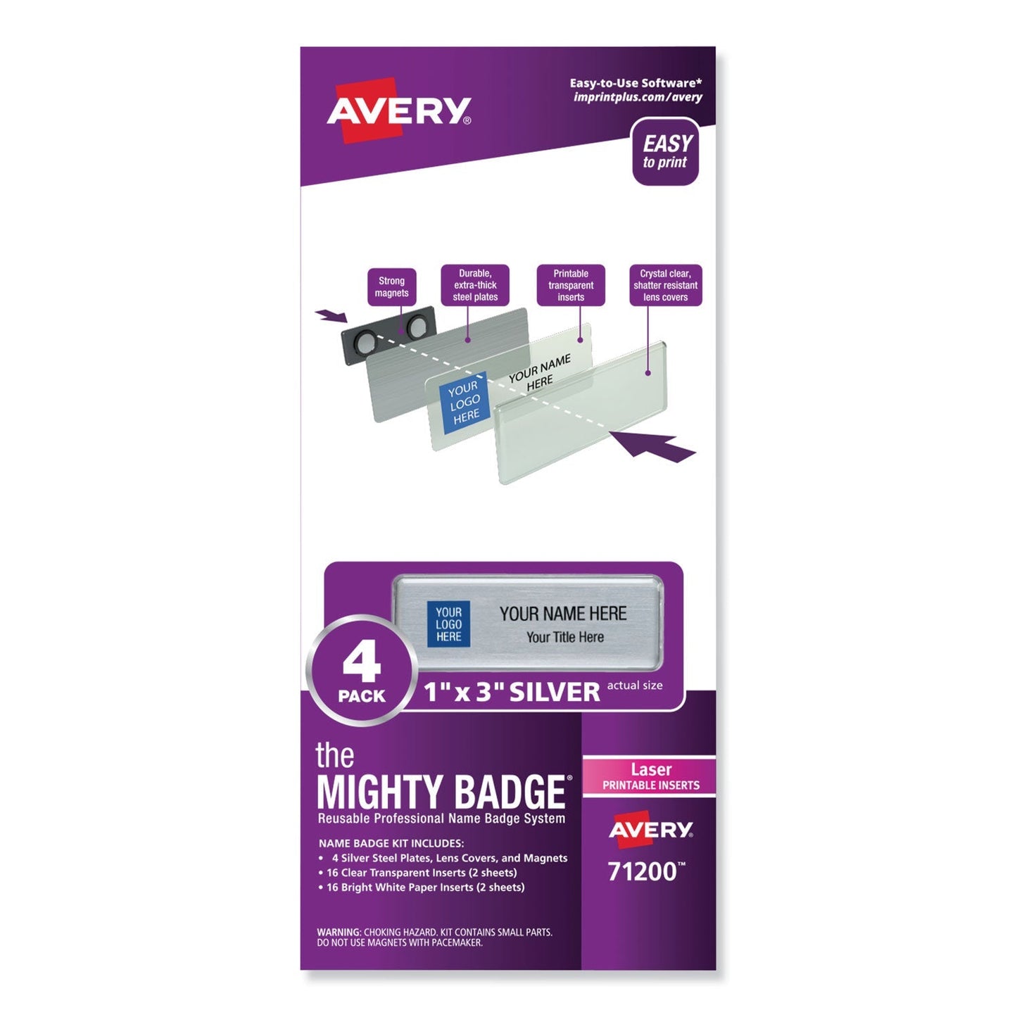 Avery The Mighty Badge Name Badge Holder Kit, Horizontal, 3 x 1, Laser, Silver, 4 Holders/32 Inserts - themonogram manor 
