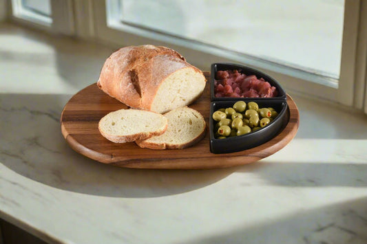 Charcuterie/ Serving Tray w/ 2 black triangular ceramic bowls - themonogram manor 