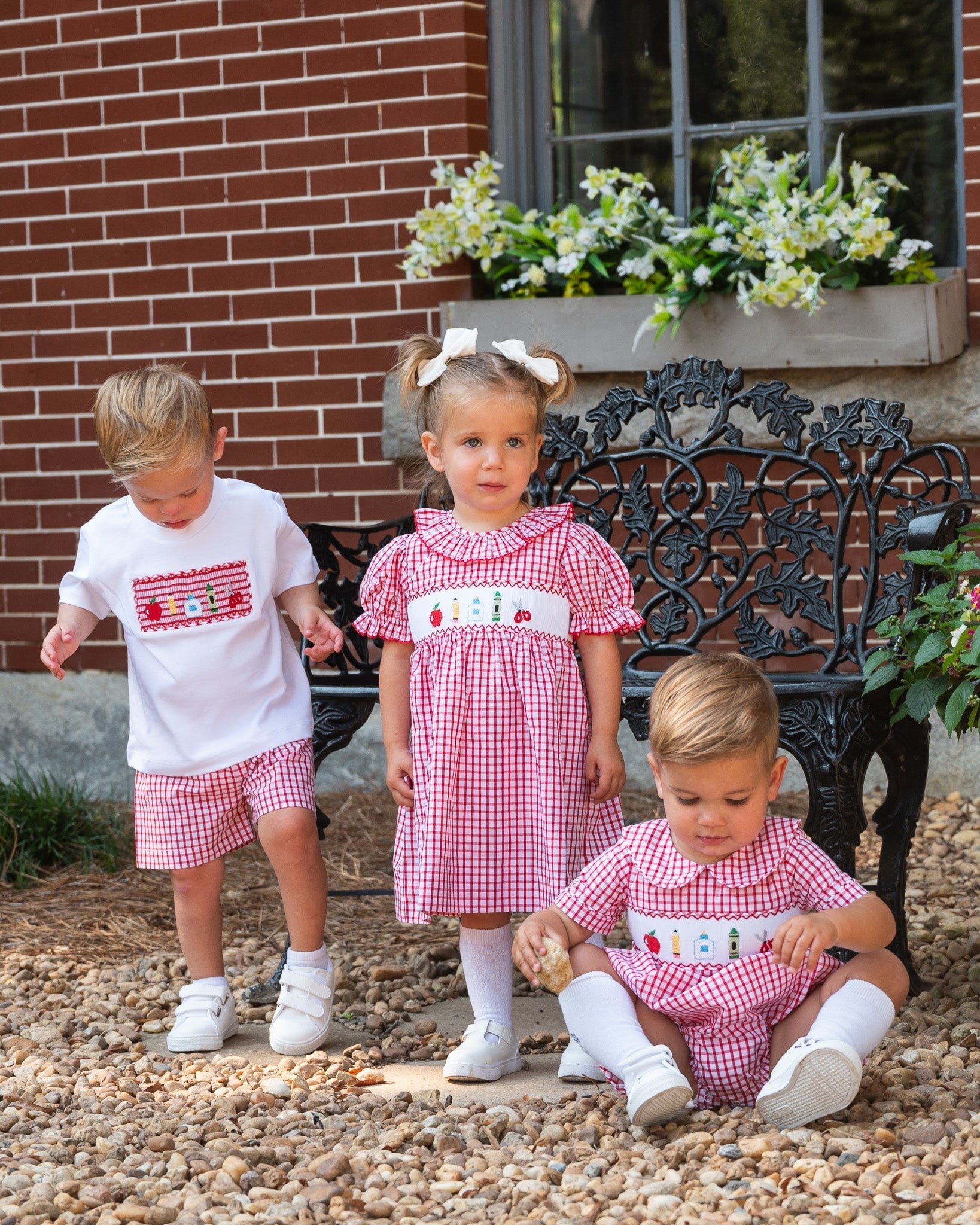 School Supplies Smocked Red Windowpane Boy Bubble - FINAL SALE - themonogram manor 